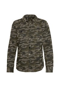 Camicia a maniche lunghe con motivo camouflage in verde scuro e grigio, caratterizzata da un colletto con bottoni, due tasche sul petto e bottoni neri.