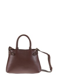 Sac à main en cuir marron avec deux poignées courtes et une bandoulière amovible. Surface texturée, design simple et accents en métal.
