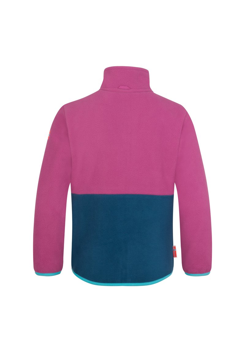 Fleecejacke mit einem rosa oberen und einem blauen unteren Teil, hohem Kragen und türkisfarbenen Akzenten an den Bündchen und dem Saum.