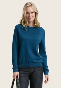 Teal trui gemaakt van zacht materiaal, met een ronde halslijn en lange mouwen. Gemaakt met donkere jeans, aangevuld met een grijze tas.
