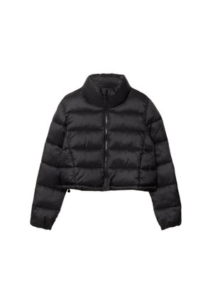 Schwarze, kurz geschnittene Steppjacke mit hohem Kragen, ausgestattet mit einer glatten Textur, horizontalem Steppmuster und verdecktem Reißverschluss vorne.