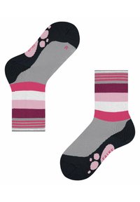 Bunte Knöchelsocken mit Streifen in Pink, Grau und Weiß, einer strukturierten, dunkelblauen Sohle und einem rosa Pfotenabdruckdesign.