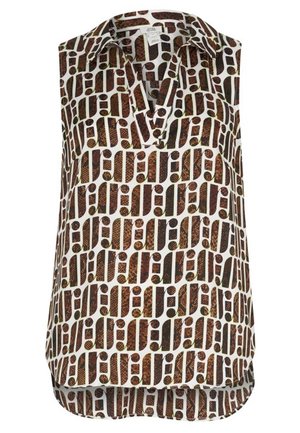 Ärmellose Bluse mit braunem und schwarzem geometrischem Muster auf weißem Stoff, mit Kragen und geknöpftem V-Ausschnitt.