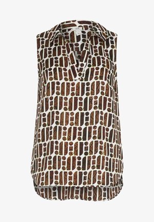 Blusa sin mangas con patrón geométrico marrón y negro sobre tela blanca, con cuello y tapeta con botones en forma de V.