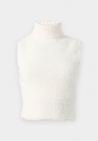 Ärmelloser weißer gestrickter Turtleneck-Crop-Top mit einer weichen, flauschigen Textur und gerippten Details am Kragen und Saum.
