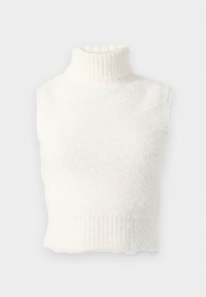 Bela brezrokavna pletena turtleneck kratka majica z mehko, puhasto teksturo ter rebrastim detajlom na ovratniku in robu.