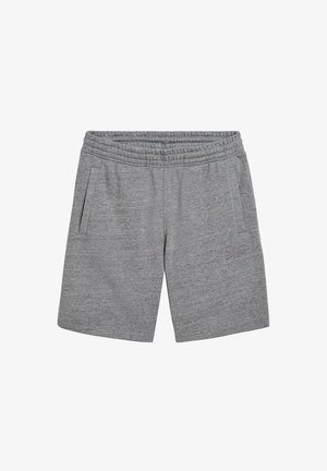 Grijze sportieve shorts met een elastische tailleband, twee zijzakken en een klein logo detail aan de voorkant. Zachte, gestructureerde stof.