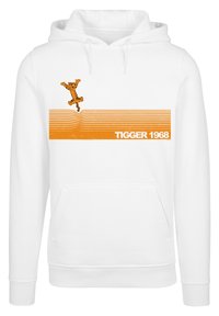 Puha anyagból készült fehér kapucnis pulóver, narancssárga Tigger grafikával és "TIGGER 1968" felirattal, alatta vízszintes csíkokkal.