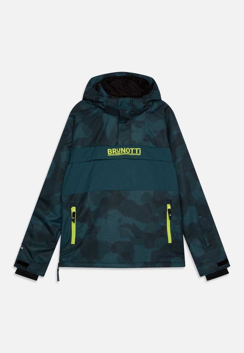 Kapotová bunda v tmavozelenej farbe s camo vzorom. Obsahuje jasne žlté akcenty, vrecká na zips a nastaviteľné manžety.