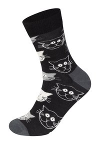 Svarta bomullssockor med upprepade kattansiktsdesign i vitt och grått, med en helt svart ribbad mudd och mörkgrå accent på tån.