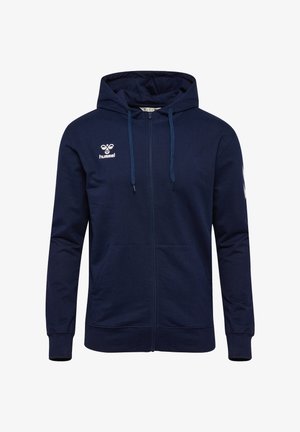 Mørkeblå hættetrøje med lynlås, hætte, snore, forlommer og et hvidt Hummel-logo på venstre bryst og venstre ærme.