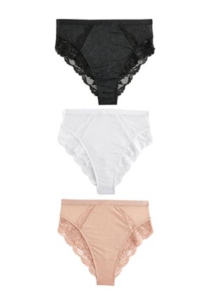 Tri dámske nohavičky s vysokým pásom v čiernej, bielej a béžovej farbe s čipkovými detailmi na bielom pozadí.