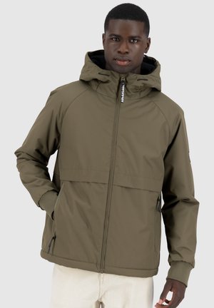 Olivgrüne Zip-Jacke mit Kapuze, ausgestattet mit einer Fronttasche, elastischen Bündchen und einer glatten, matten Oberfläche.