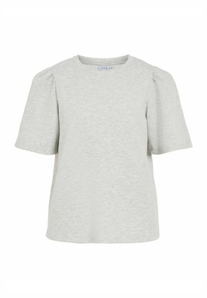 Haut gris clair à manches courtes en tissu doux. Présente un col rond et des manches légèrement bouffantes pour une coupe décontractée. Aucune motif visible.