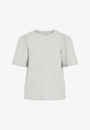 Lichtgrijs, kortärmelig topje gemaakt van zachte stof. Heeft een ronde halslijn en licht opgeblazen mouwen voor een ontspannen pasvorm. Geen zichtbare patronen.