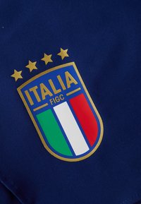 Tecido azul com o emblema da seleção nacional de futebol da Itália, com detalhes em dourado, em forma de escudo e uma faixa vertical em três cores (verde, branco, vermelho).