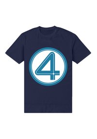 Granatowy T-shirt z dużym niebiesko-białym kołem, na którym znajduje się stylizowana liczba 4, umieszczona centralnie z przodu.