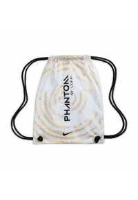 Borsa a corda in tessuto bianco con motivo a spirale dorato, dotata di testo del logo nero e strap neri, rifinita con accenti rotondi.