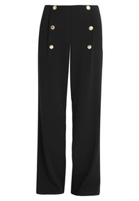 Pantalon noir à jambes larges avec six boutons décoratifs dorés disposés en deux colonnes verticales à l'avant.