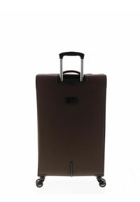 Brauner Koffer mit hartem Außengehäuse, ausziehbarem Griff und vier Rädern. Verfügt über ein schlichtes Design und ein schwarzes Akzentpaneel vorne.