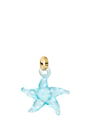 Blauer seesternförmiger Anhänger mit weißen Punkten und einer goldenen Öse zum Befestigen an Schmuck oder Accessoires.