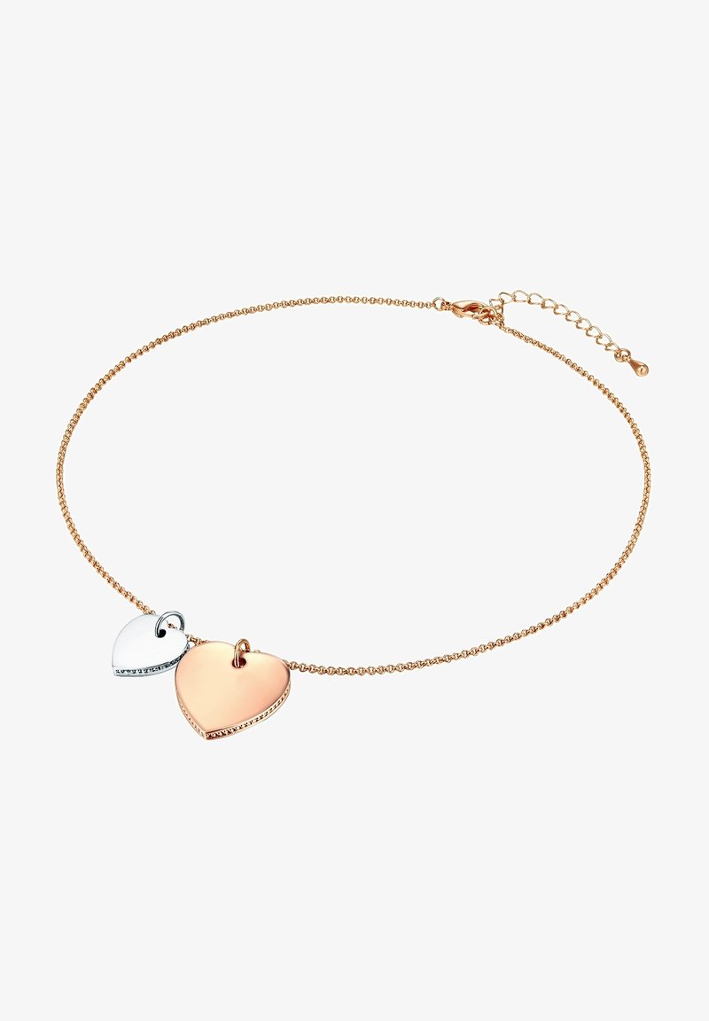 Kæde halskæde i rosaguld med to hjertecharms, hvoraf det ene er børstet sølv og det andet er poleret guld, med en tekstureret kant og justerbar lås.