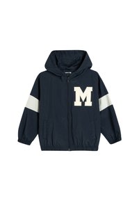 Giacca della marina con cappuccio, polsini elastici e logo "M". Presenta dettagli a strisce bianche sulle maniche. Realizzata in tessuto leggero.
