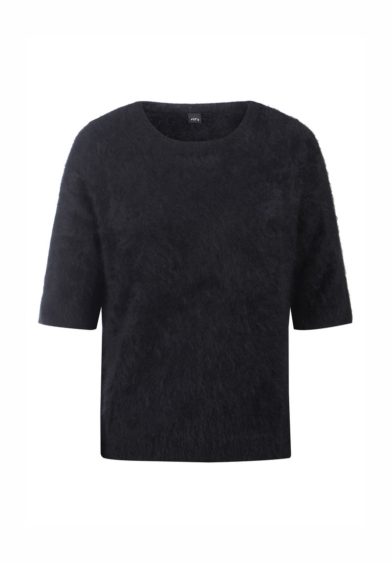 Suéter corto de manga corta negro con un cuello redondo y un material suave y esponjoso. Ajuste sencillo y rectangular sin hardware o patrones visibles.