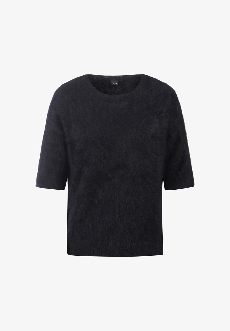 Suéter corto de manga corta negro con un cuello redondo y un material suave y esponjoso. Ajuste sencillo y rectangular sin hardware o patrones visibles.