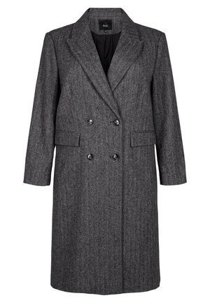 Manteau gris en chevrons à double boutonnage avec revers crantés, deux poches avant et boutons noirs. Manches longues et coupe mi-longue.