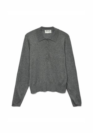 Grauer langärmeliger Strickpullover mit Kragen und einer Knopfleiste mit sechs Knöpfen, auf einem weißen Hintergrund präsentiert.