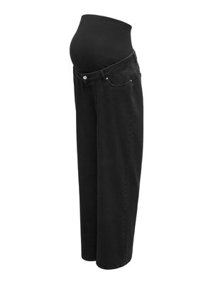 Schwarze Umstandsjeans mit elastischem, hohem Bund und weitem Bein. Hergestellt aus Denim, mit Standardtaschen und klassischem Schnitt.