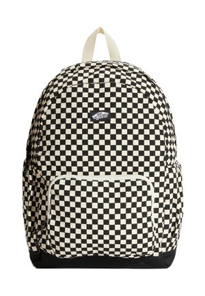 Zwart-witte geruite Vans rugzak met een voorvak met rits, bovenhandvat, zijvakken en het logo "Vans Off The Wall" aan de voorkant.