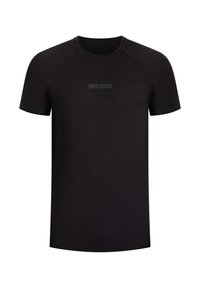 Czarny, krótki rękaw, t-shirt z okrągłym dekoltem, z napisem "SMILODOX" w ciemnoszarym, umieszczonym na środku klatki piersiowej.