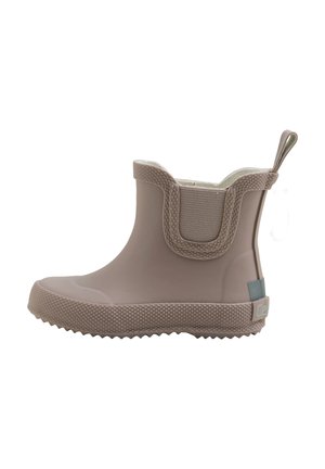 Hellbrauner gummierter Knöchelstiefel mit strukturiertem Profilsohle, elastischen Seiteneinsätzen und Zuglasche; glattes, wasserdichtes Material.