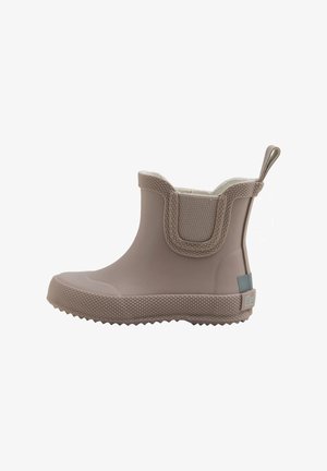 Lichtbruine rubberen enkellaars met een zool met textuurgreep, elastische zijkanten en een trekkoord; glad, waterdicht materiaal.