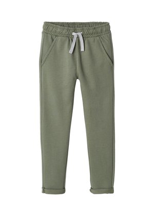 Olive green jogger pants with elastic waistband, white drawstring, side pockets, and rolled-up cuffs made of soft fabric.