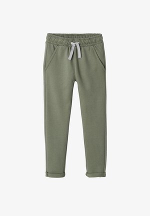 Olive green jogger pants with elastic waistband, white drawstring, side pockets, and rolled-up cuffs made of soft fabric.