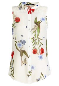 Blouse sans manches en tissu blanc transparent avec des motifs floraux colorés et à pois, col en dentelle et détail de boutonnage à l'avant.