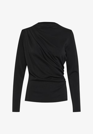 Zwarte longsleeve top met gedrapeerd detail op de schouder en zijkant, gemaakt van zachte, rekbare stof, met een ronde halslijn en een aansluitende pasvorm.
