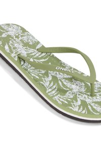 Grøn flip-flop med tekstureret overflade, hvidt bladmønster og tynde stropper. Har en brun sål og "PVC Free" branding på stroppen.