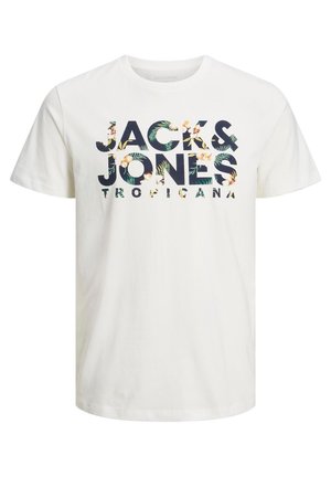 T-shirt blanc à manches courtes avec le texte "JACK & JONES TROPICANA" rempli de motifs floraux et feuillus tropicaux sur le devant.
