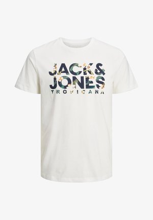 T-shirt blanc à manches courtes avec le texte "JACK & JONES TROPICANA" rempli de motifs floraux et feuillus tropicaux sur le devant.