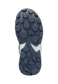 Sohle aus navy Gummi mit kreisförmigen und kreuzförmigen Profilen für Traktion sowie einem weißen Seitenakzent.