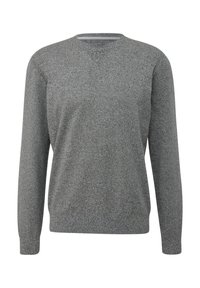 Grau gestrickter Pullover mit Rundhalsausschnitt, langen Ärmeln und einer strukturierten Stoff. Einfaches Design ohne sichtbare Muster oder metallische Akzente.