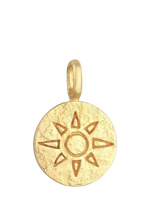 Pendentif rond en or avec un motif de soleil en relief comportant un cercle central et huit rayons triangulaires alternés.