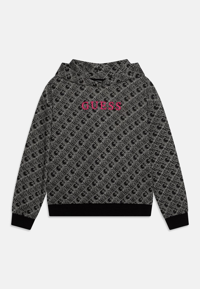 Sweat à capuche noir et gris à motifs avec des lettres "G" répétées et un logo "GUESS" rose vif centré sur la poitrine, poignets et ourlet noirs.