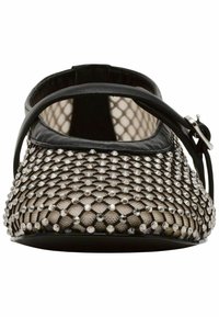 Black and beige mesh ballet flat with a crystal embellishment pattern, rounded toe, and an adjustable strap. Smooth leather trim.