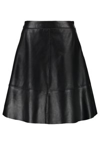 Musta nahkainen A-linjainen hame, jossa on sileä pinta, istuva vyötärö ja saumat yksityiskohtina. Helma on hieman levenevä, mikä luo virtaavan siluetin.