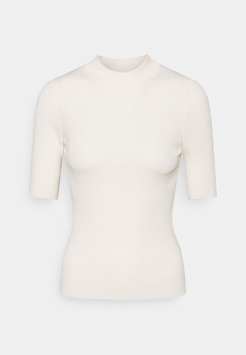 Haut ajusté à manches courtes en maille côtelée couleur blanc cassé avec col montant et une texture lisse et extensible.